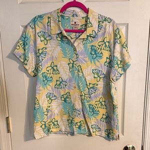 Woolrich Yellow, Teal & Lavender Floral Hawaiian ButtonDown Shirt “Lemon Twist”